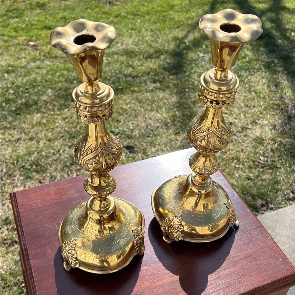 Antique Shabbat Sabbath Brass Candlesticks by Fraget Warszawa Poland Judaica